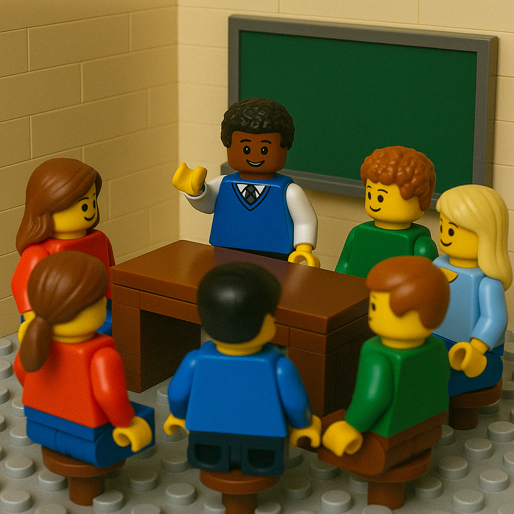 This image depicts a group of LEGO minifigures arranged in a loose circle on a studded gray LEGO baseplate, simulating a community gathering or group discussion. The background consists of beige LEGO bricks resembling a neutral indoor setting, such as a community center or meeting room. The overall vibe is informal and friendly—less structured than a boardroom meeting—evoking a casual community meetup, support circle, or brainstorming session where everyone has a voice.